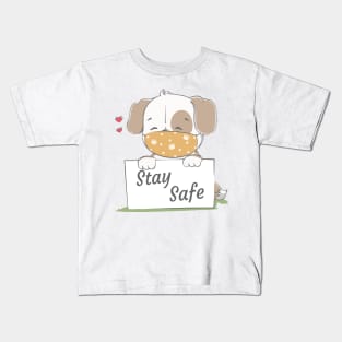 stay safe message with cute dog wearing face mask cartoon hand drawn Kids T-Shirt